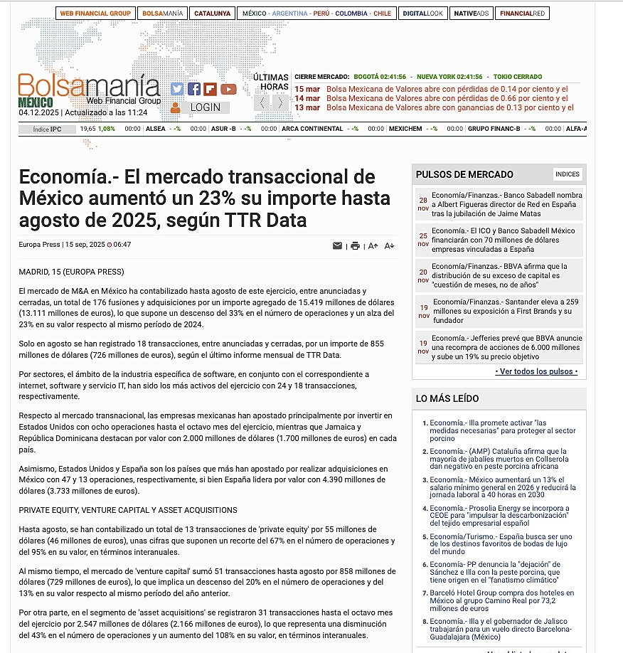 Economa.- El mercado transaccional de Mxico aument un 23% su importe hasta agosto de 2025, segn TTR Data